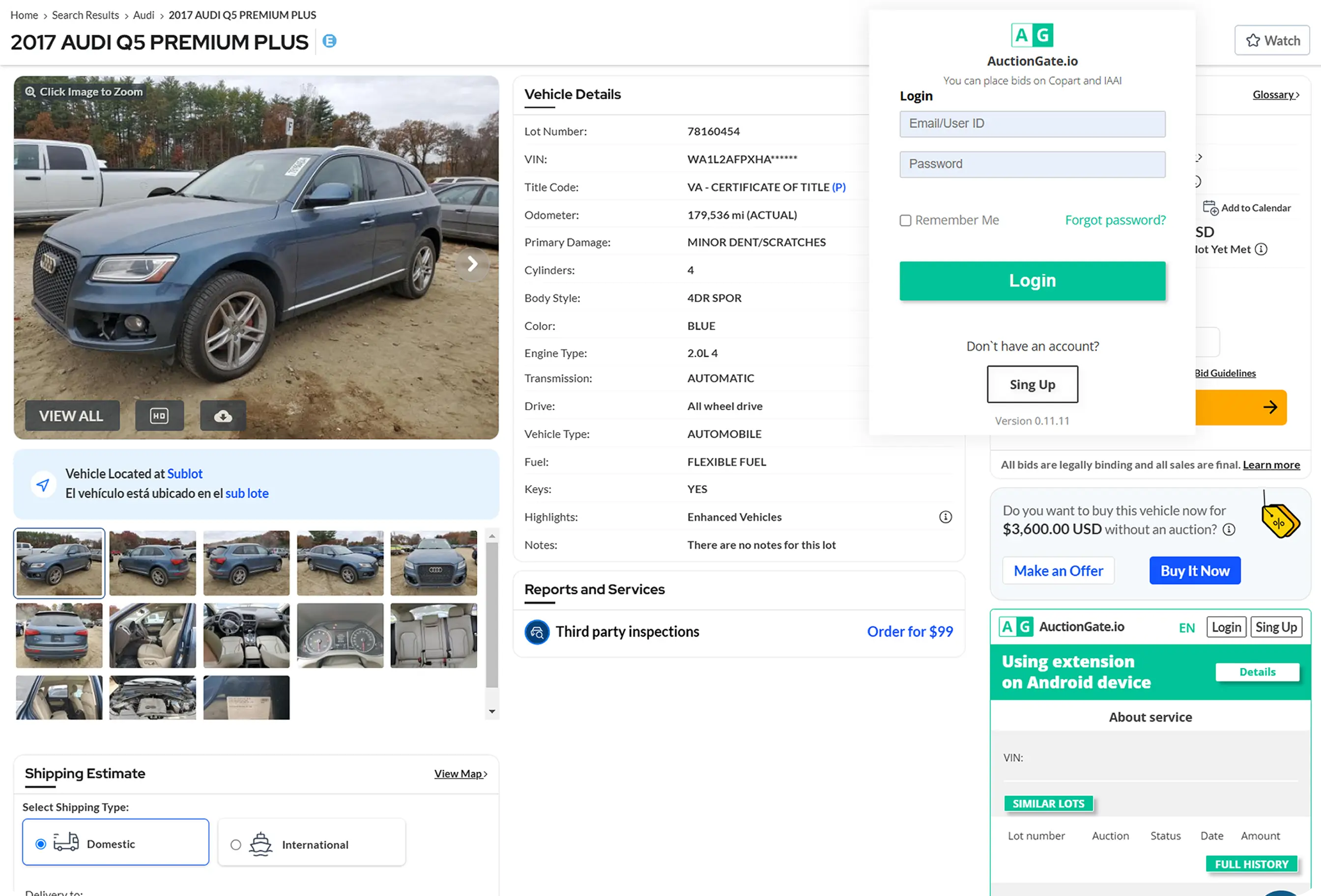 AuctionGate Chrome extension on a Copart lot page